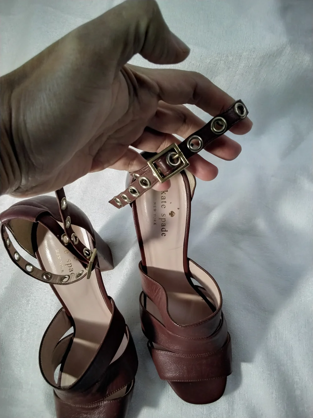 kate spade Brown Leather High Block Heel Sandals with Studded Ankle Strap